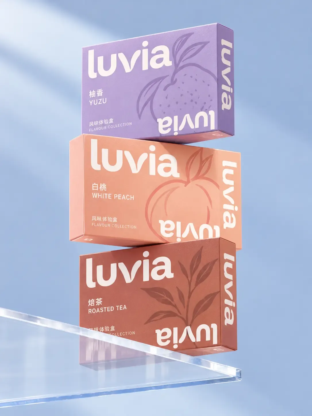 Luvia Flavour Collection Boxes: Yuzu, White Peach, Roasted T｜AI Image Generation Prompts