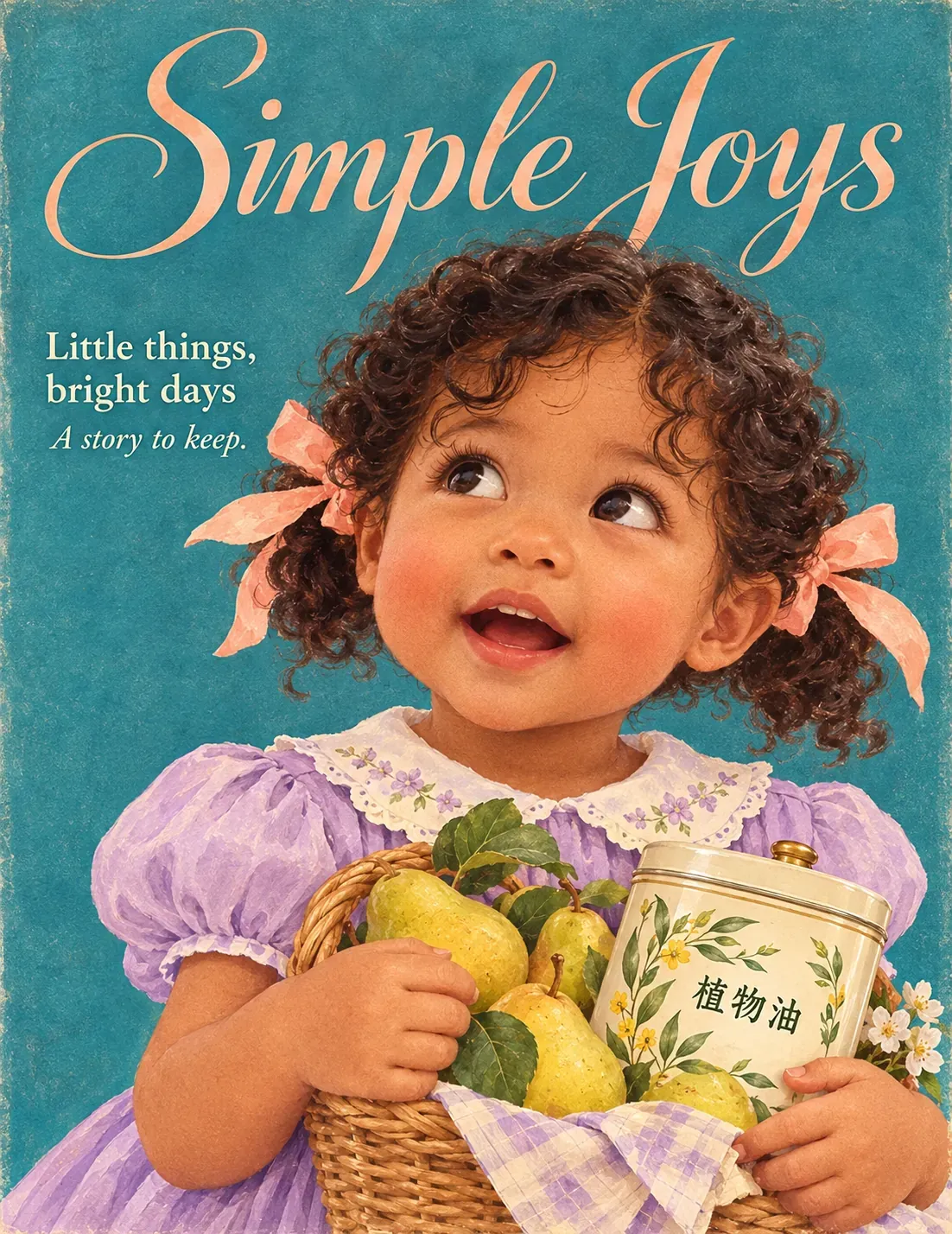 Ilustración vintage de Simple Joys: niña con peras | Prompts para generación de imágenes por IA