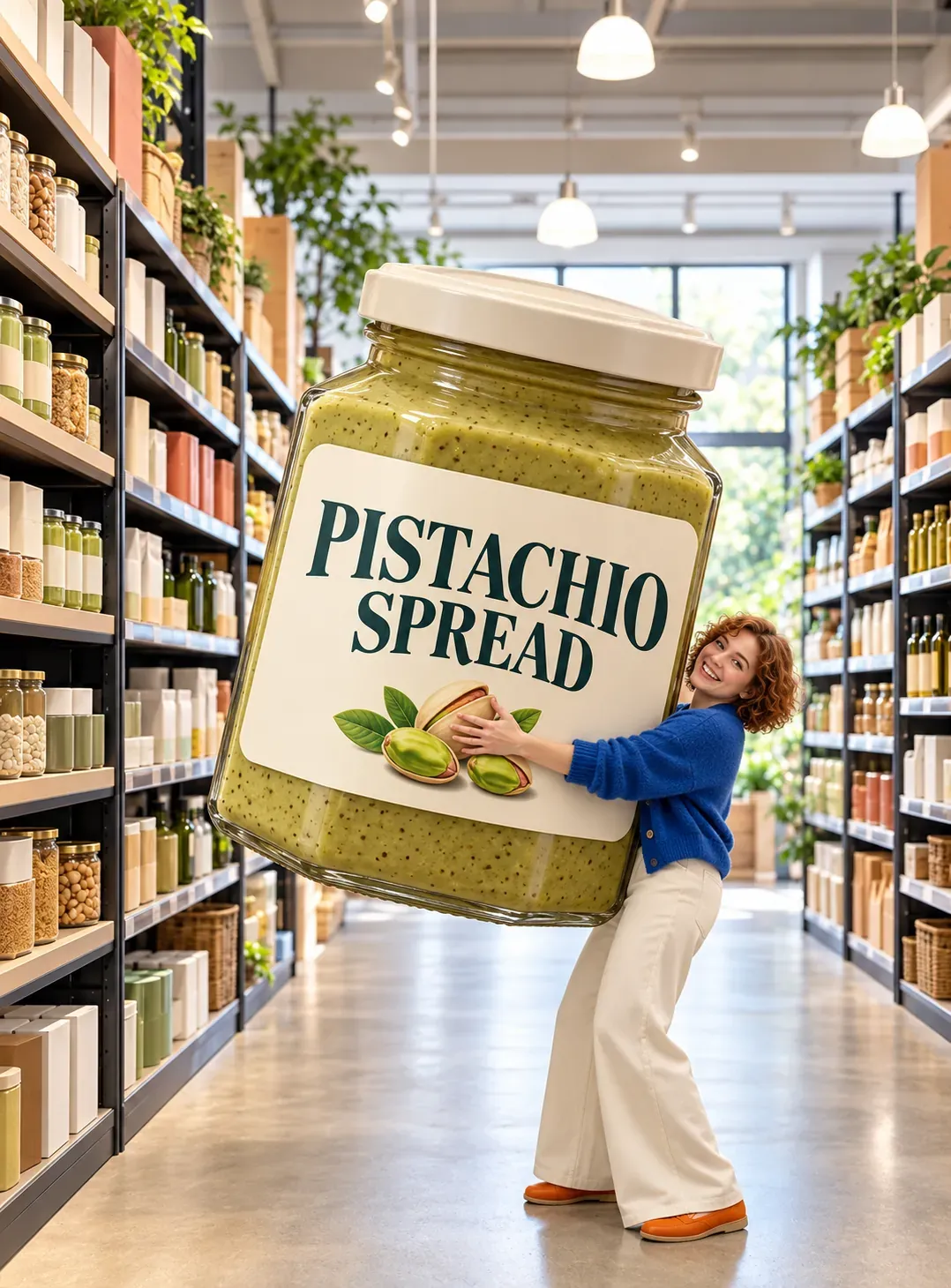 Mujer sosteniendo un enorme frasco de crema de pistacho en una tienda｜Prompts para la generación de imágenes por IA