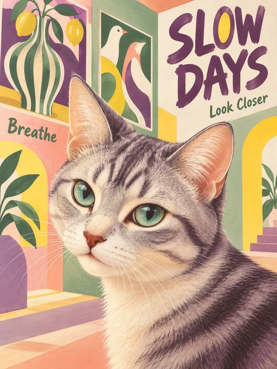 Retrato de un gato atigrado gris en una habitación colorida | Prompts para la generación de imágenes por IA