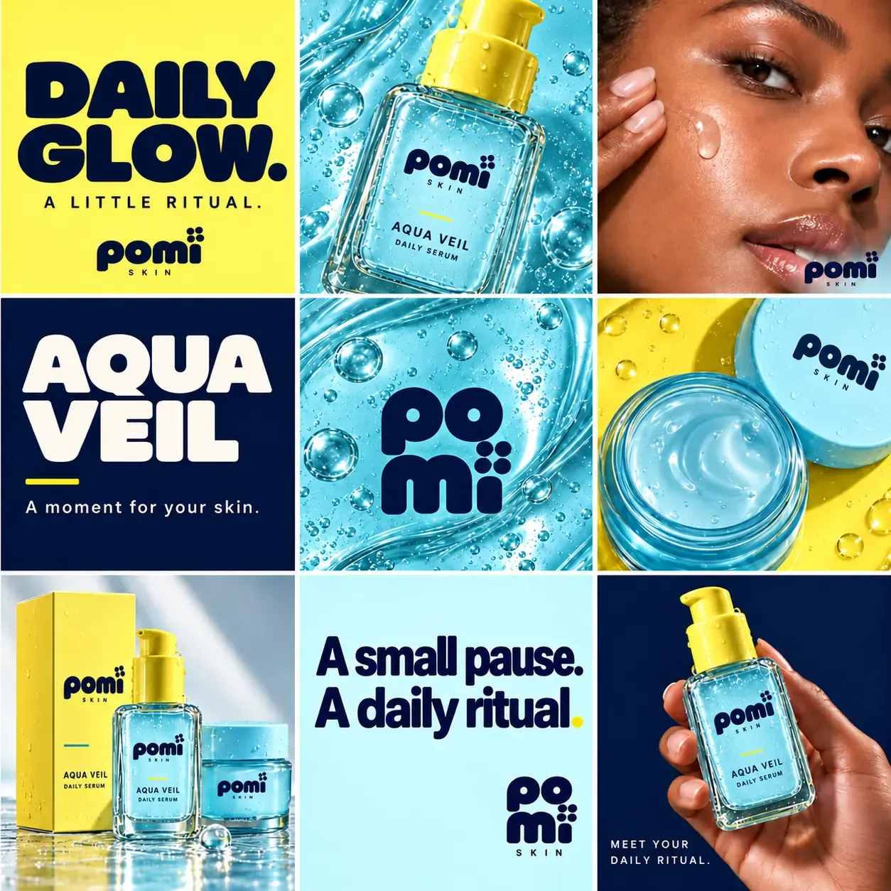 Pomi Skin Aqua Veil Tages-Serum – Marken-Collage | AI-Bildgenerierungs‑Prompts