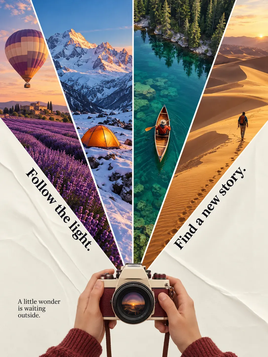 Collage de aventura viajera con cámara y paisajes diversos | Prompts para generación de imágenes por IA