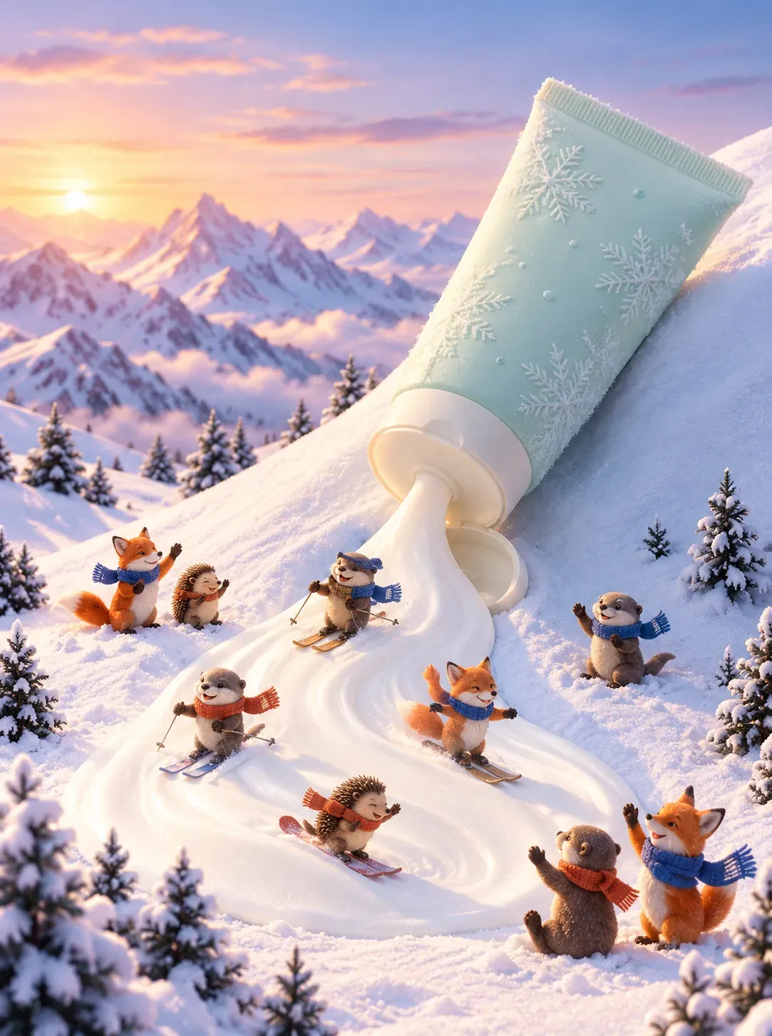Animales tiernos esquiando sobre un gigantesco tubo de crema en la nieve | Prompts para generación de imágenes por IA