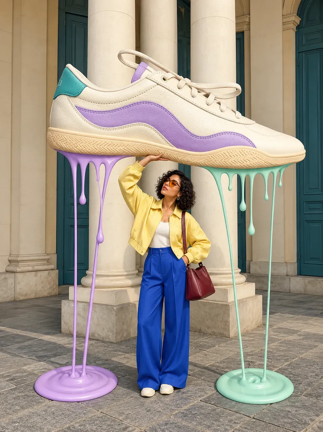 Mujer sosteniendo una gigantesca escultura de zapatilla de deporte derritiéndose | Prompts para la generación de imágenes por IA