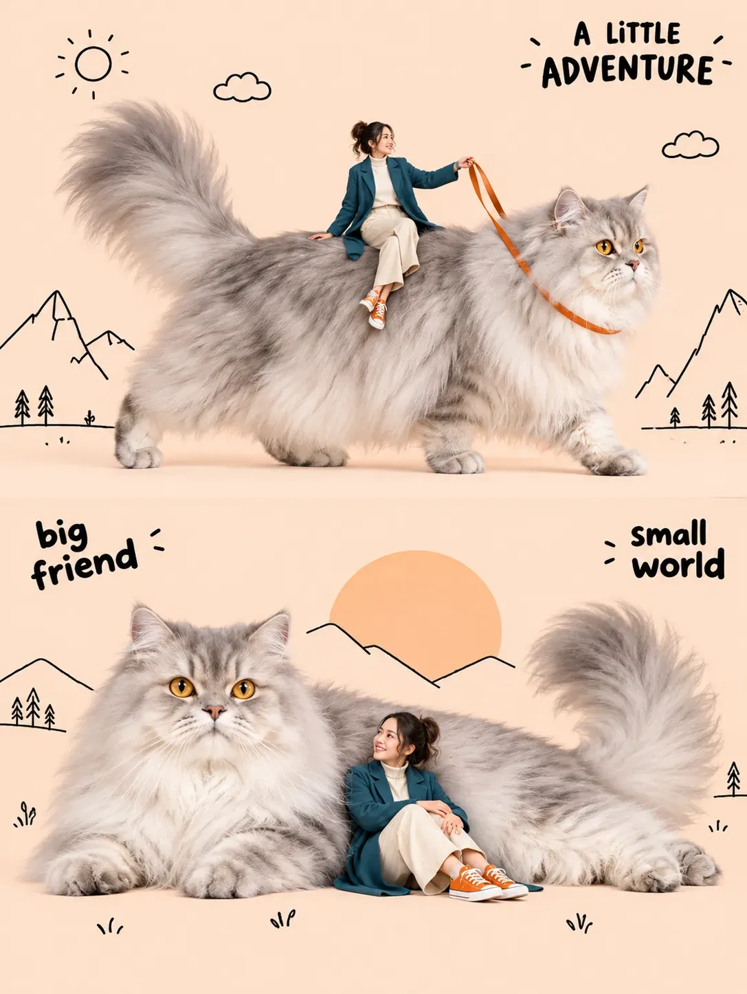 Mujer montando y sentada junto a un gato gigante y esponjoso｜Prompts para la generación de imágenes por IA