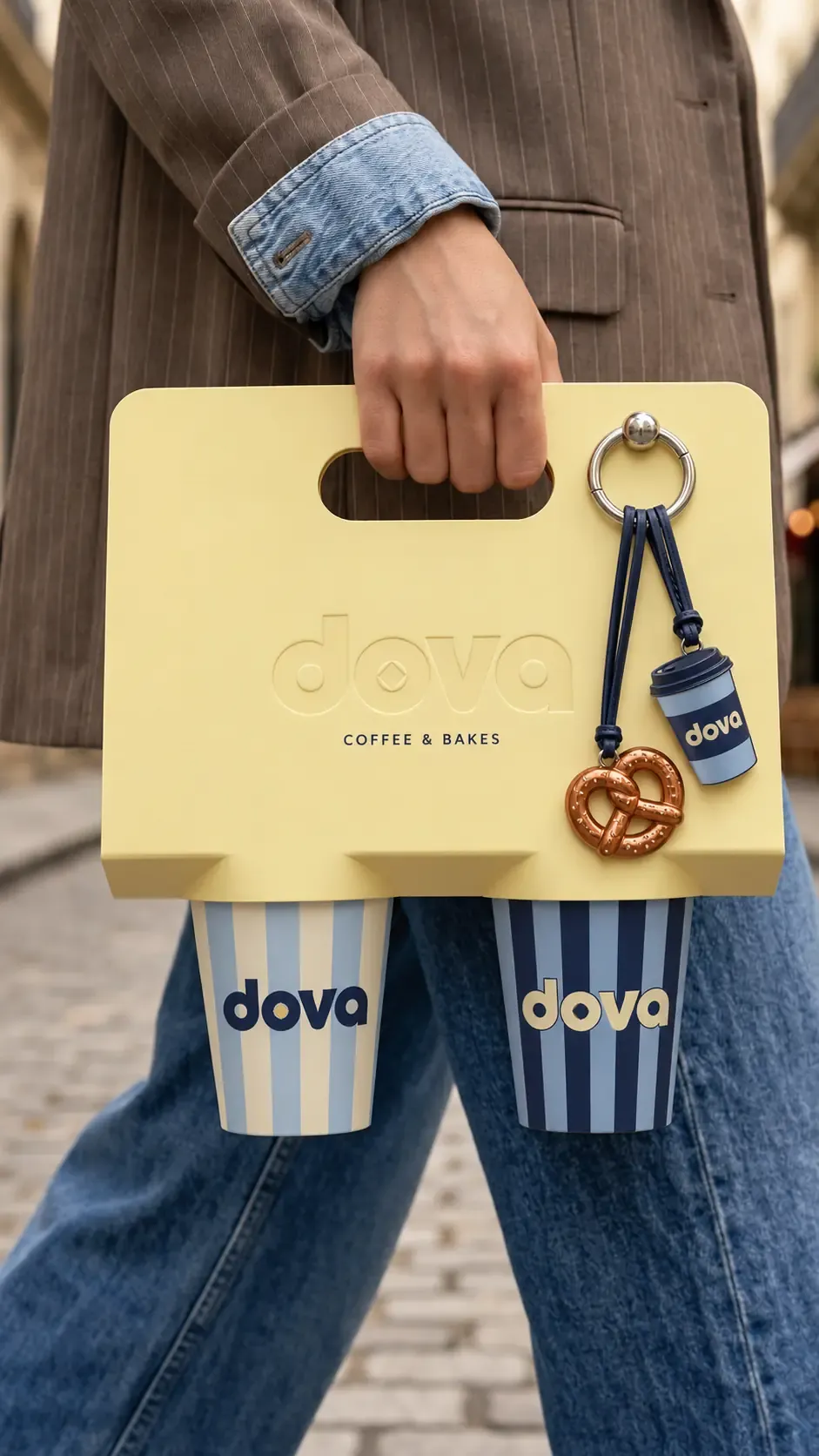 Persona sosteniendo un portavasos de café Dova amarillo | Prompts para la generación de imágenes por IA