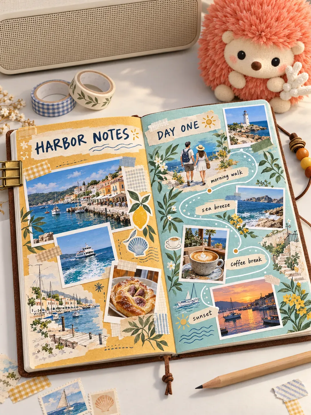 Diseño de álbum para el diario de viaje Harbor Notes | Prompts para la generación de imágenes por IA