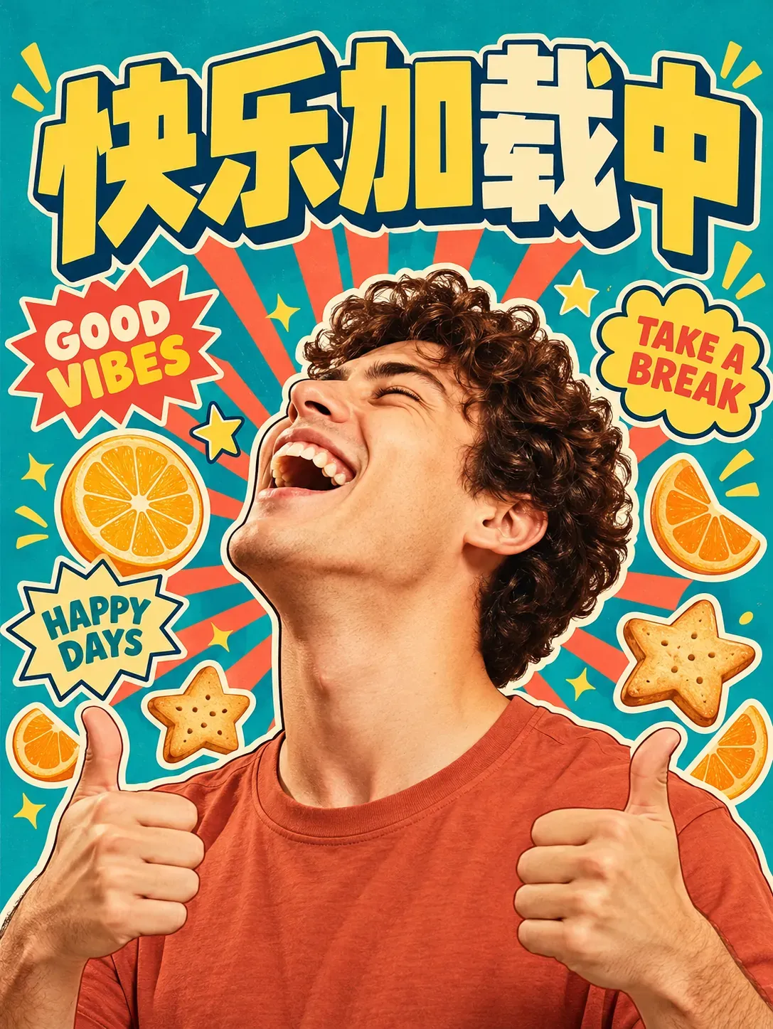 Hombre feliz riendo con el pulgar levantado y fondo de arte pop｜Prompts para la generación de imágenes por IA