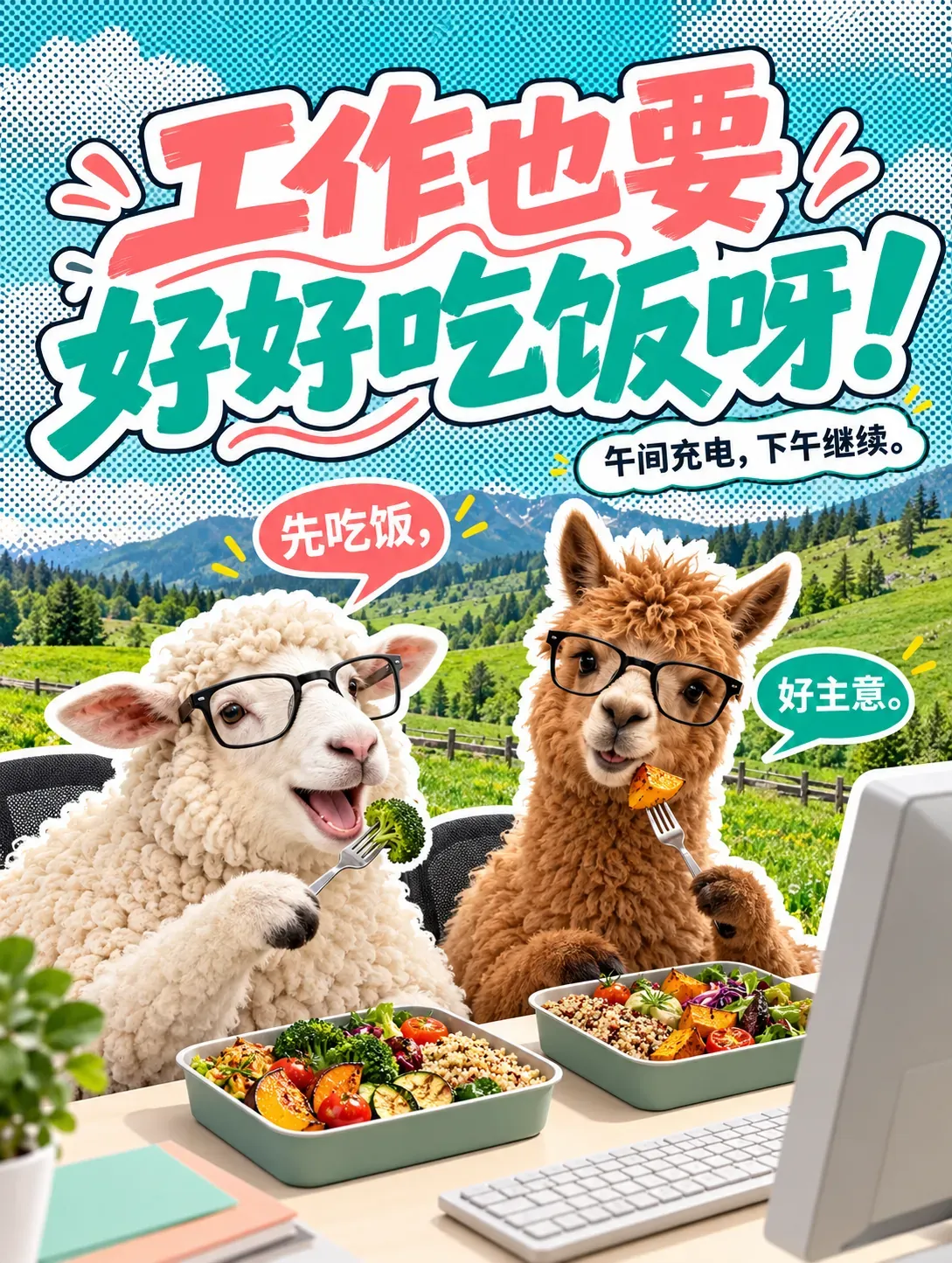 Ovejas y alpacas almuerzan en el escritorio de la oficina | Prompts para la generación de imágenes por IA