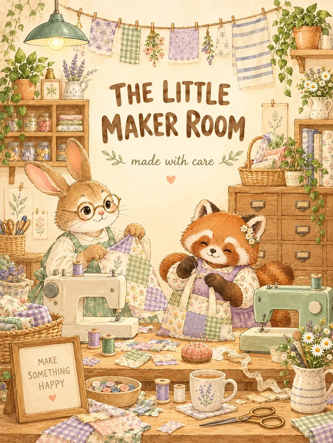 Conejo tierno y panda rojo cosiendo en una acogedora sala de manualidades | Prompts para la generación de imágenes por IA