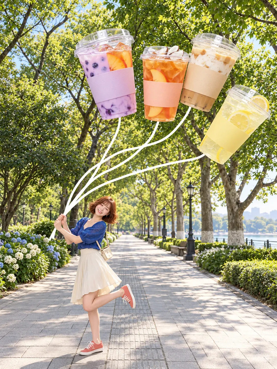 Mujer sosteniendo bebidas heladas flotantes como globos｜Prompts de generación de imágenes por IA