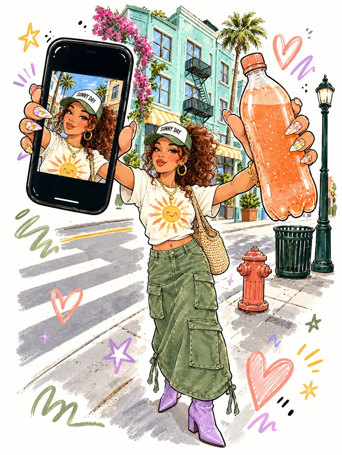 Mujer tomándose una selfie con una botella de refresco en la calle | Prompts para la generación de imágenes por IA