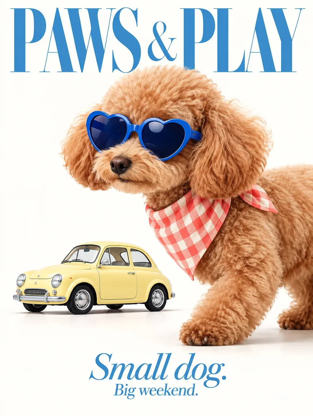 Perrito caniche adorable con gafas de sol en forma de corazón junto a un coche de juguete amarillo.｜Prompts para la generación de imágenes por IA