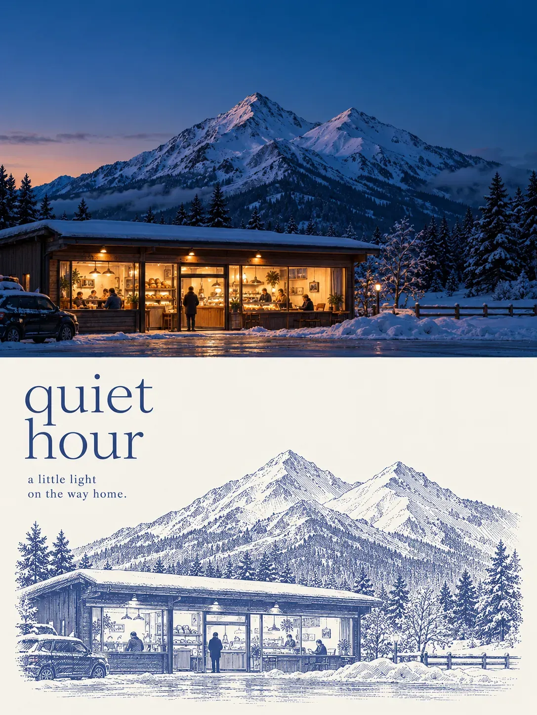 Acogedor café de montaña nevado al atardecer y ilustración a lápiz｜Prompts para la generación de imágenes por IA