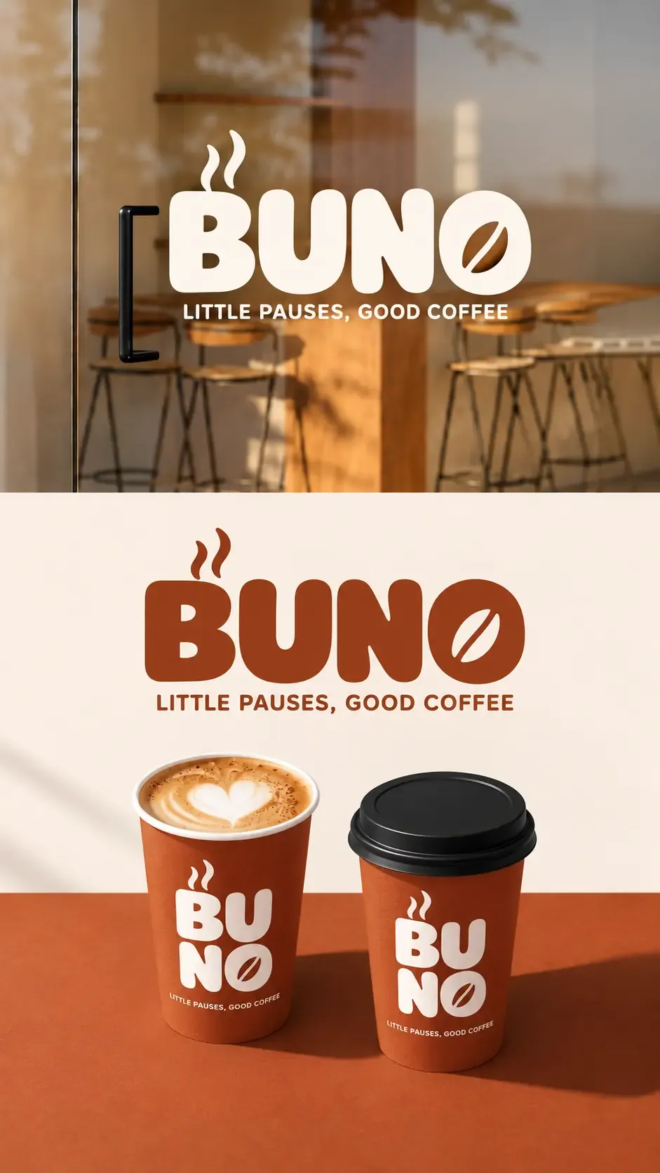 Buno-Kaffee-Markenlogo und Tassen-Mockup-Design | KI-Bildgenerierungs‑Prompts