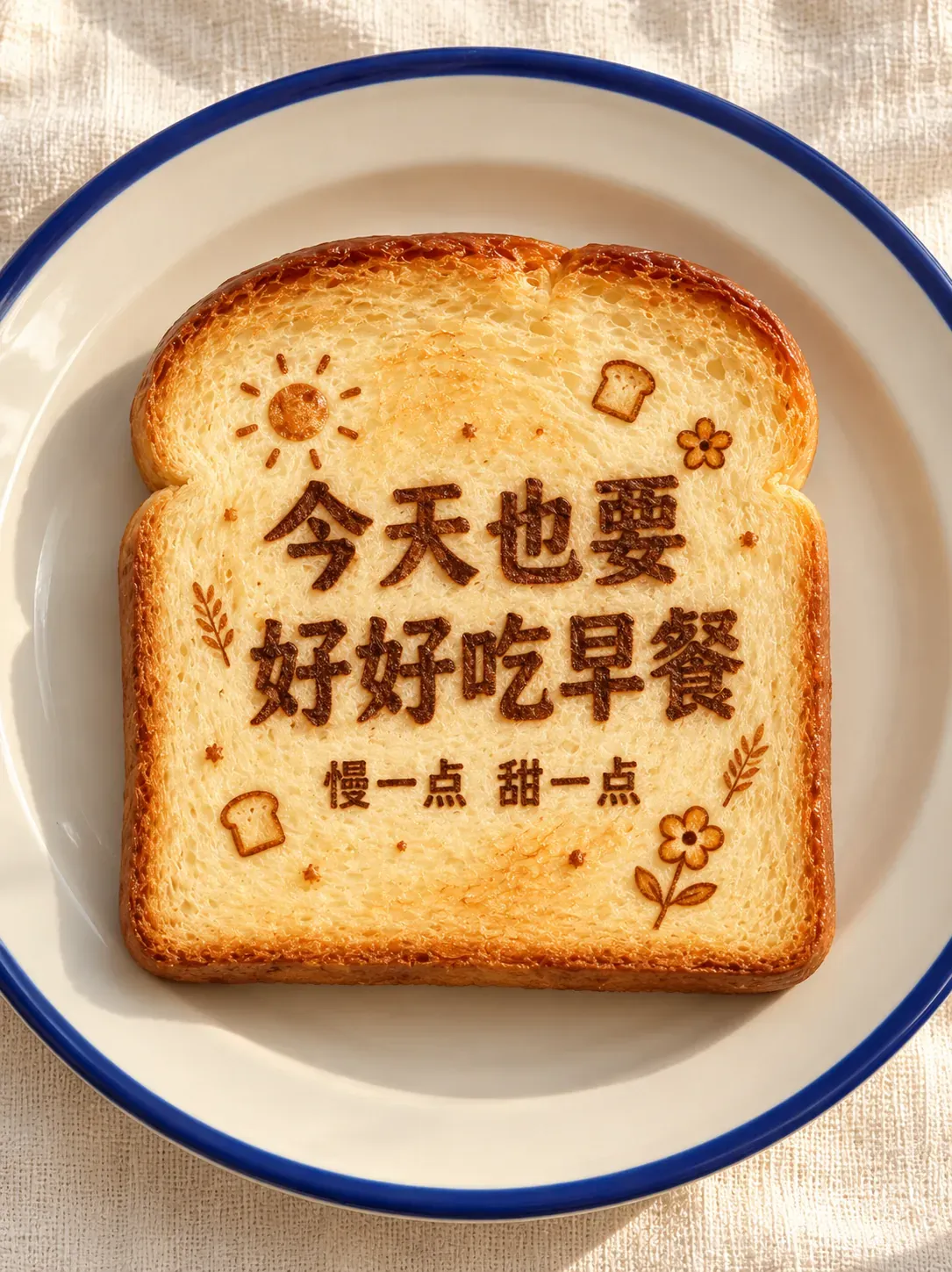 Rebanada de pan tostado con texto chino y dibujos tiernos | Prompts para generación de imágenes por IA