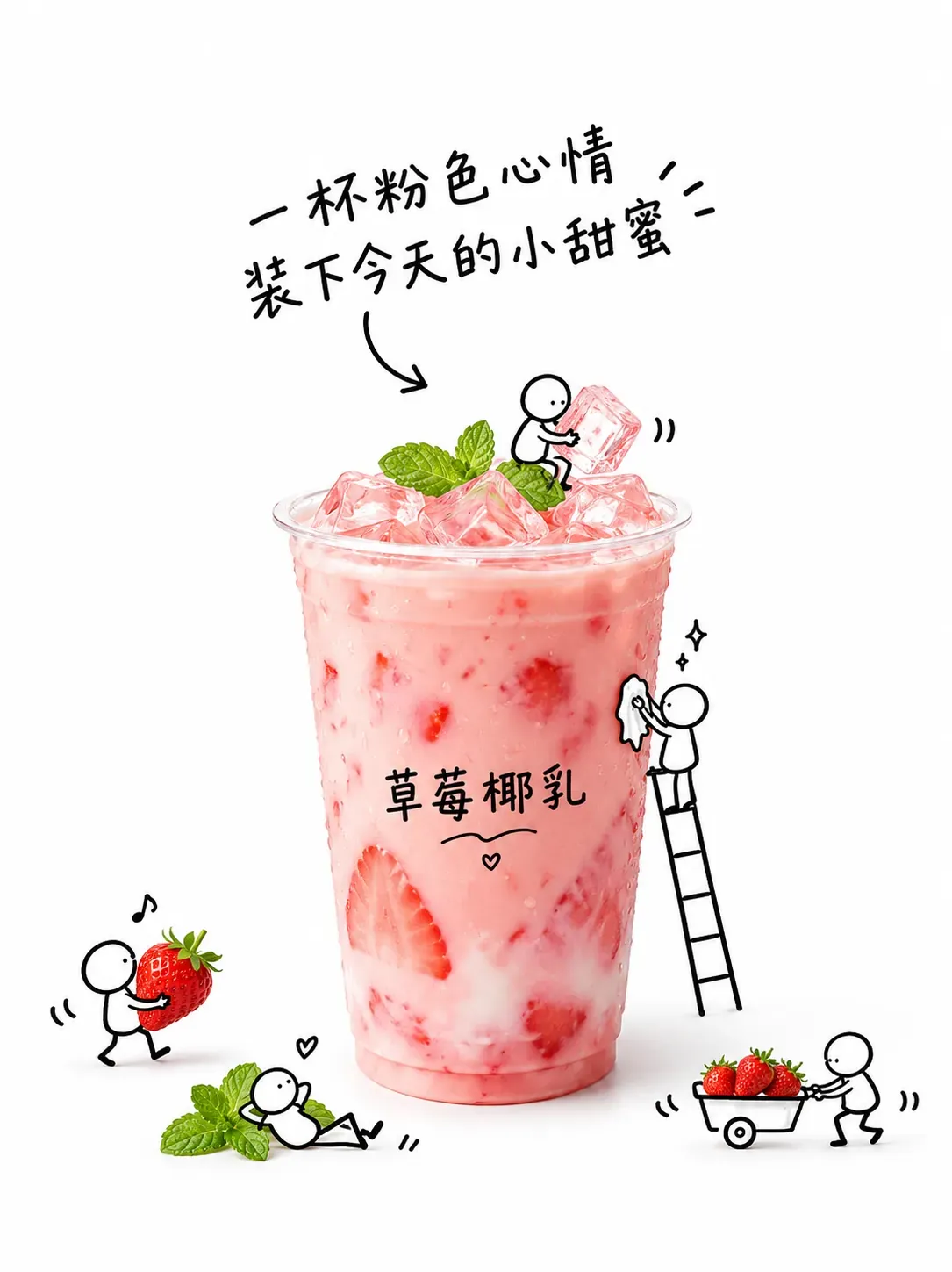 草莓椰奶飲料與火柴人｜AI圖像生成提示