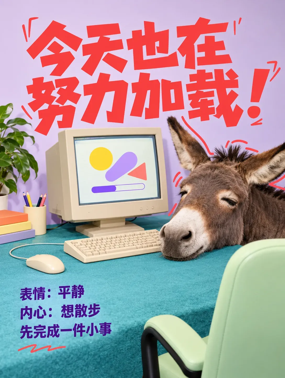Burro descansando la cabeza sobre el escritorio junto a una computadora retro | Prompts para generación de imágenes por IA