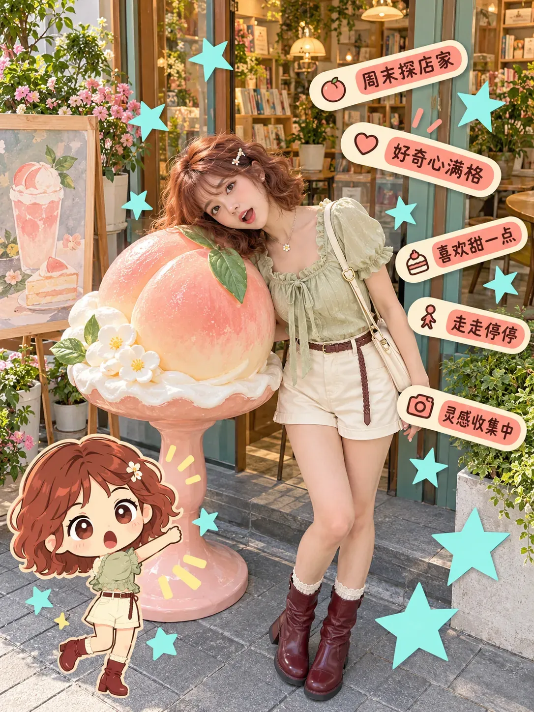 女性在咖啡館外與巨型桃子甜點雕像合影｜AI圖像生成提示