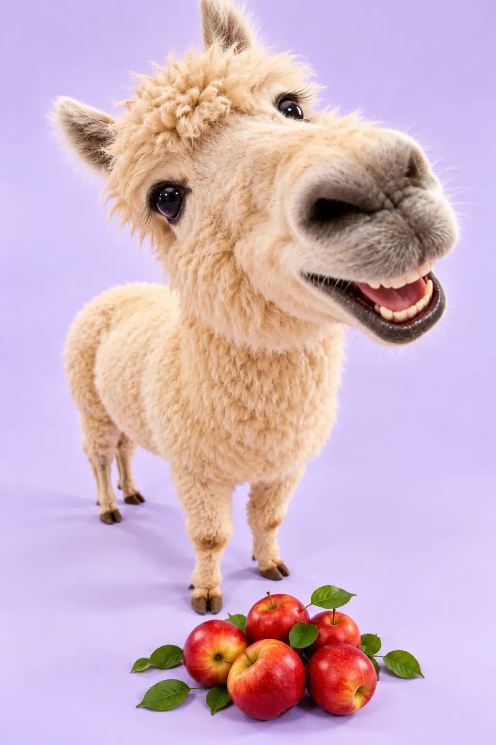 Alpaca esponjosa sonriente con manzanas rojas | Sugerencias para la generación de imágenes por IA