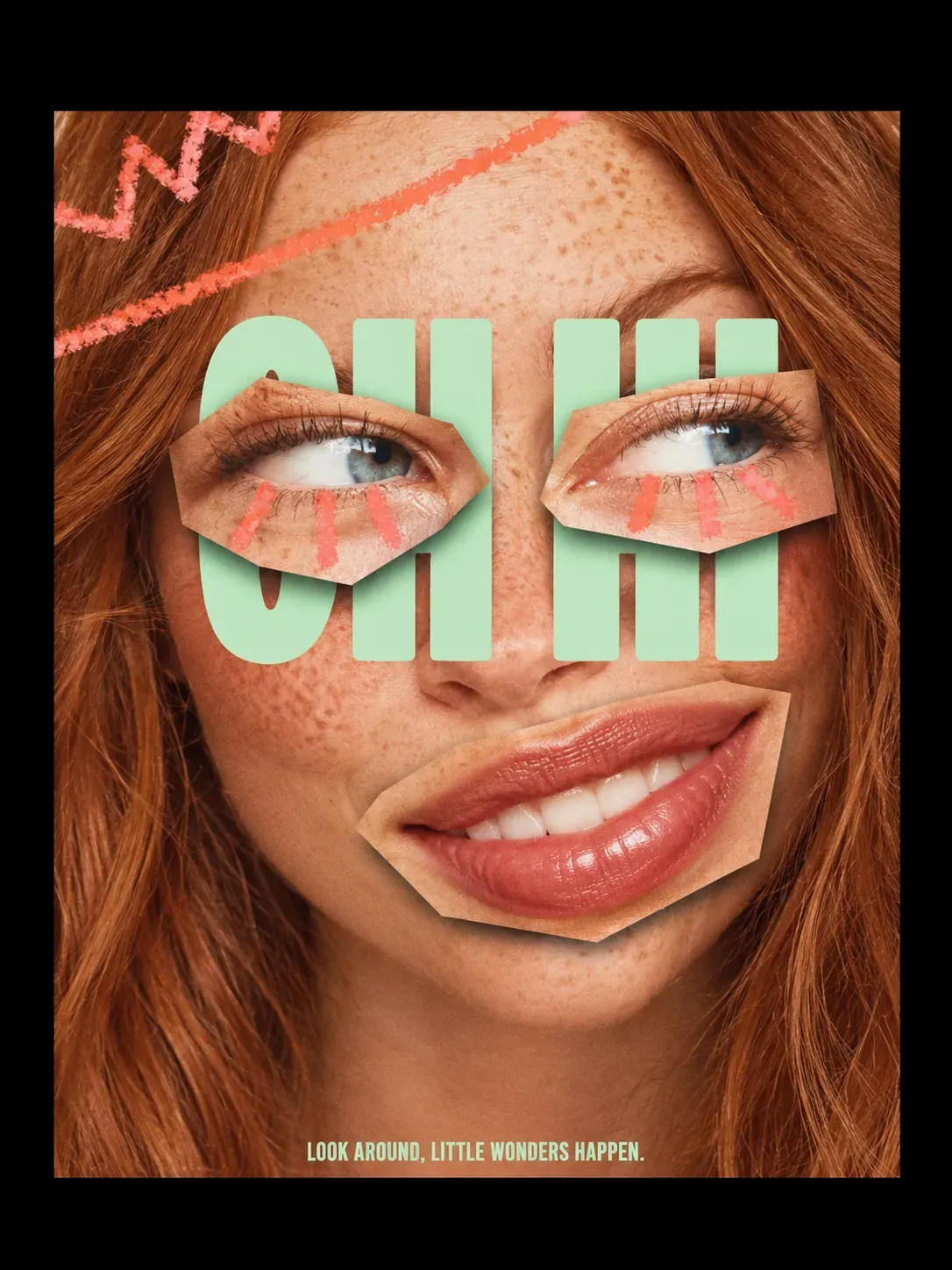 Collage creativo de rostro de mujer pelirroja con texto OHH | Prompts para la generación de imágenes por IA