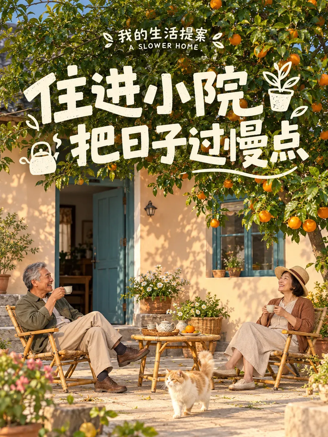 Pareja de personas mayores tomando té en un patio soleado.｜Prompts para la generación de imágenes por IA