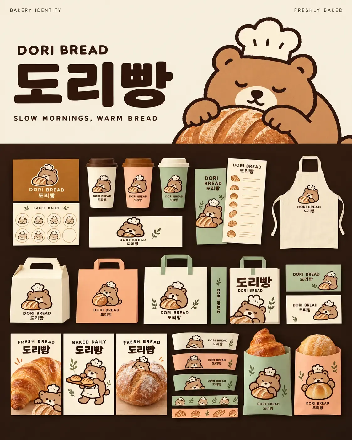 Dori Bread Bakery Brand Identity with Cute Bear Mascot｜AI Image Generation Prompts