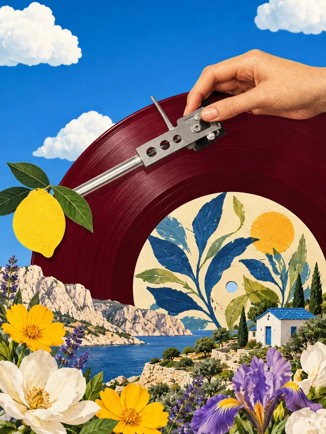 Collage surrealista de un disco de vinilo y un paisaje costero | Prompts para la generación de imágenes por IA