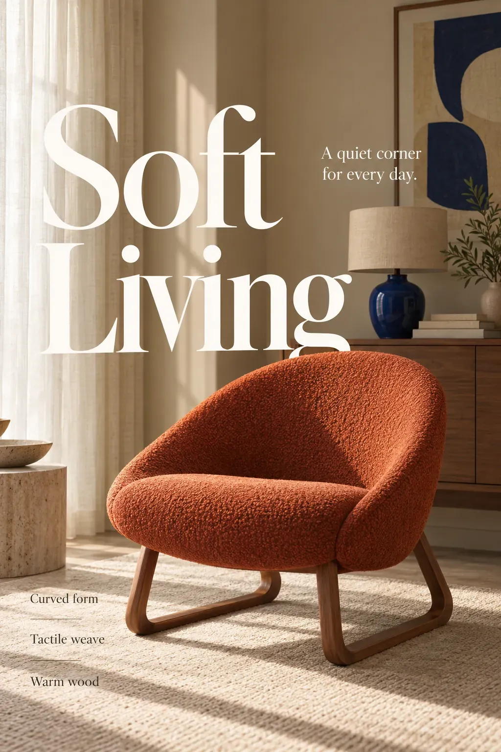 Sillón curvo naranja de Soft Living | Prompts para la generación de imágenes por IA