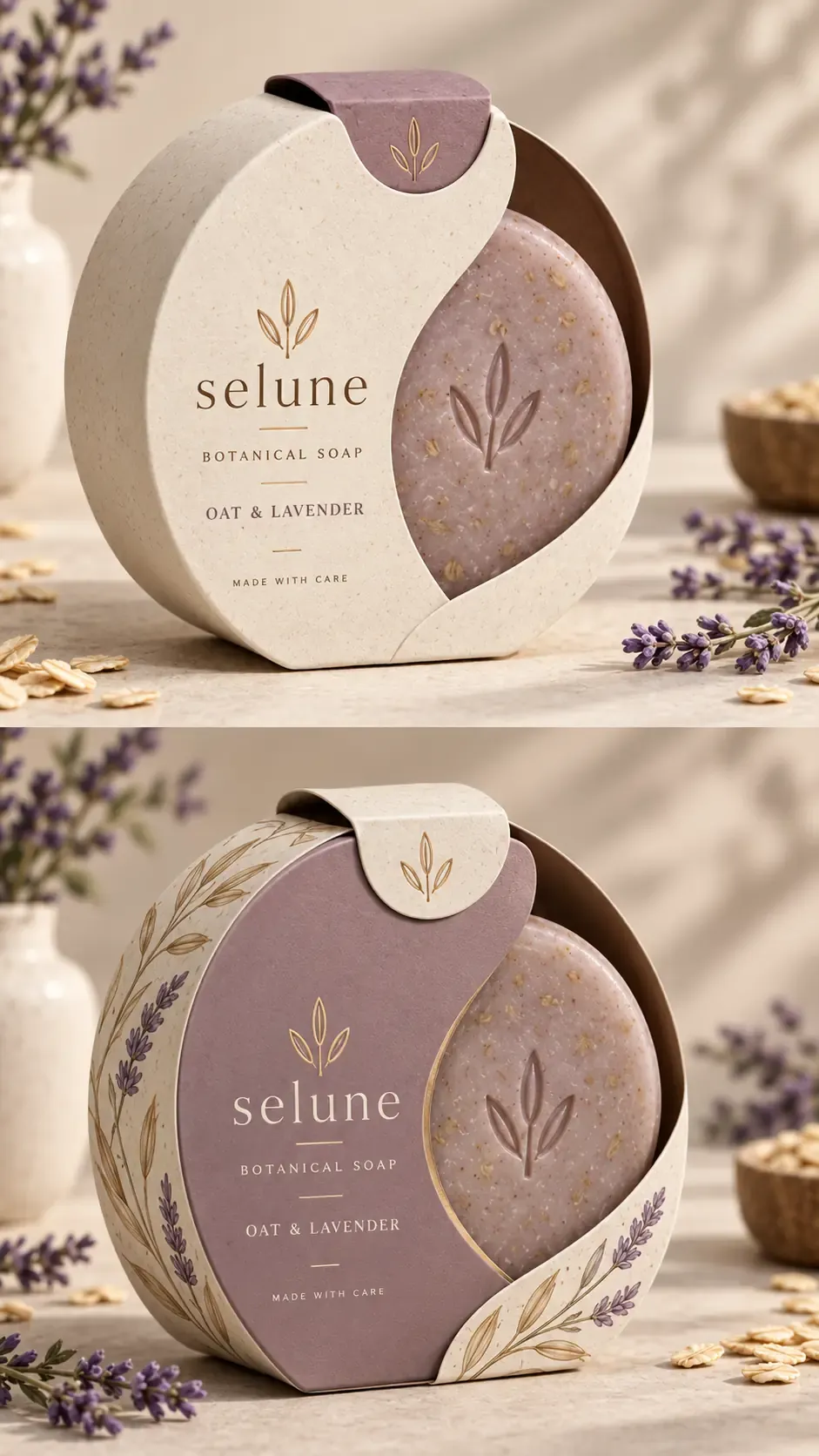 Envase del jabón botánico Selune de avena y lavanda | Prompts para la generación de imágenes por IA