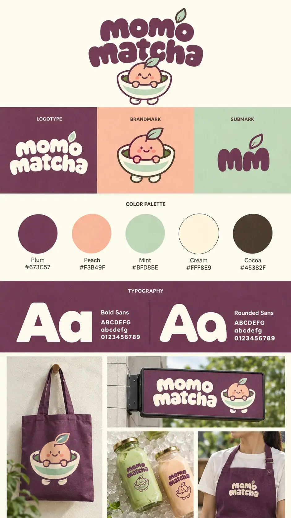 Identidad de marca y sistema de logotipo de Momo Matcha | Prompts para la generación de imágenes por IA