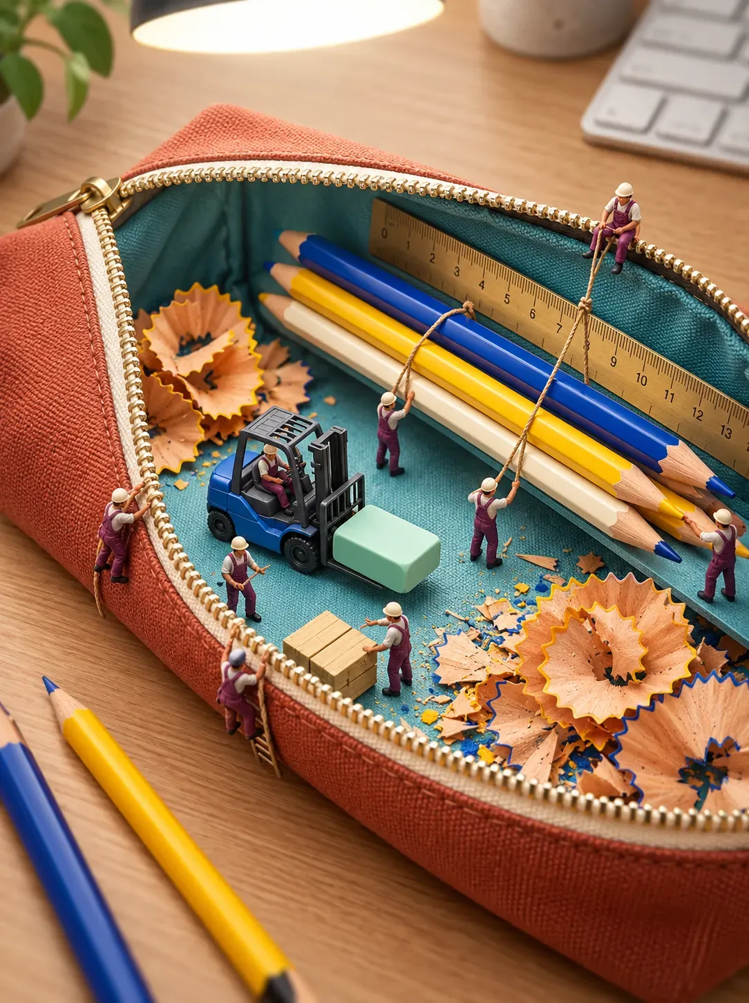 Obreros de la construcción en miniatura dentro de un estuche de lápices | Prompts para la generación de imágenes por IA