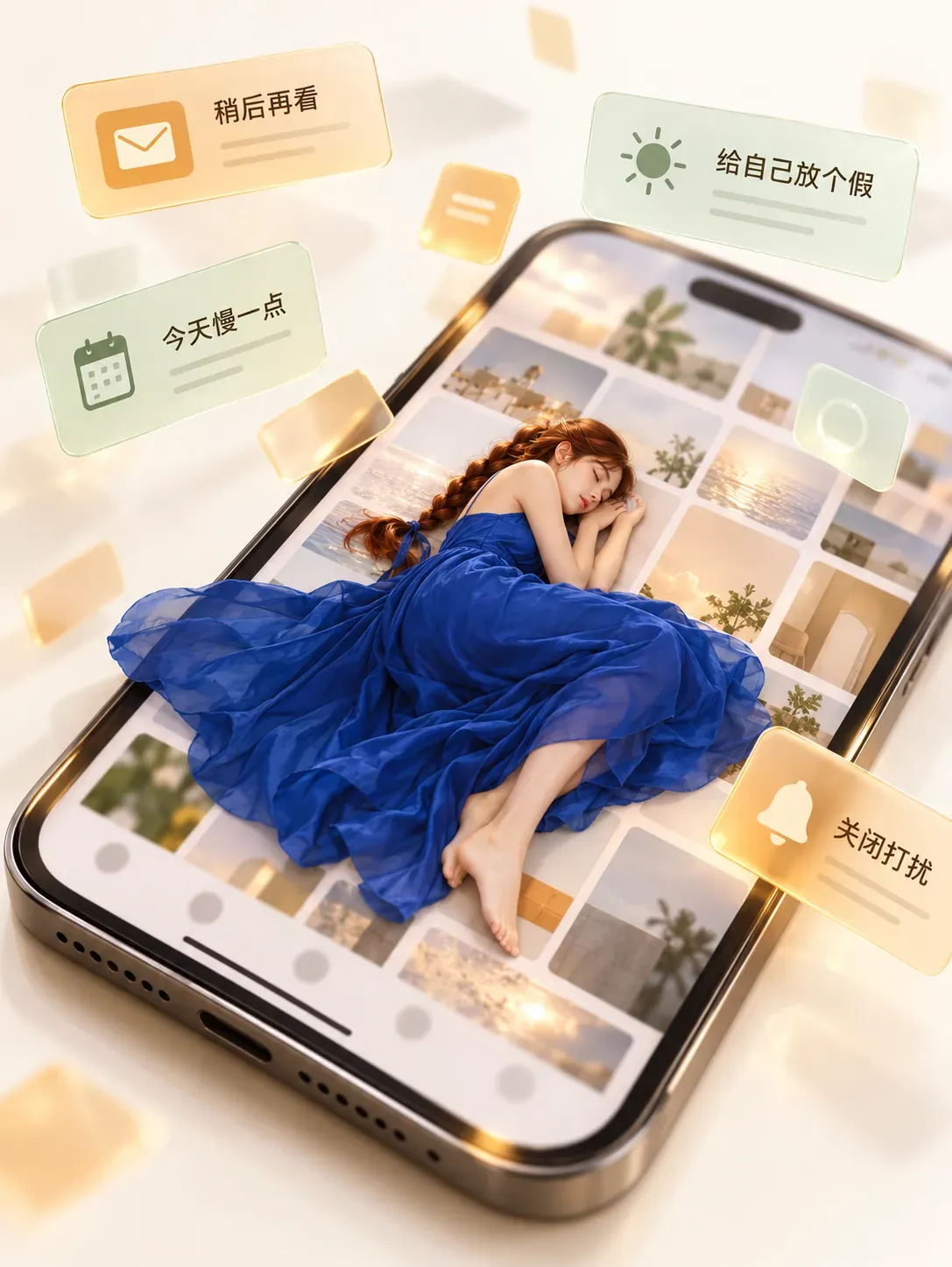 Mujer con vestido azul durmiendo sobre la pantalla de un teléfono inteligente | Sugerencias para la generación de imágenes por IA