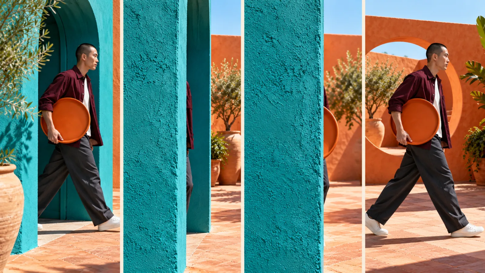 Four planned frames showing approach, foreground coverage, reveal, and continued walking