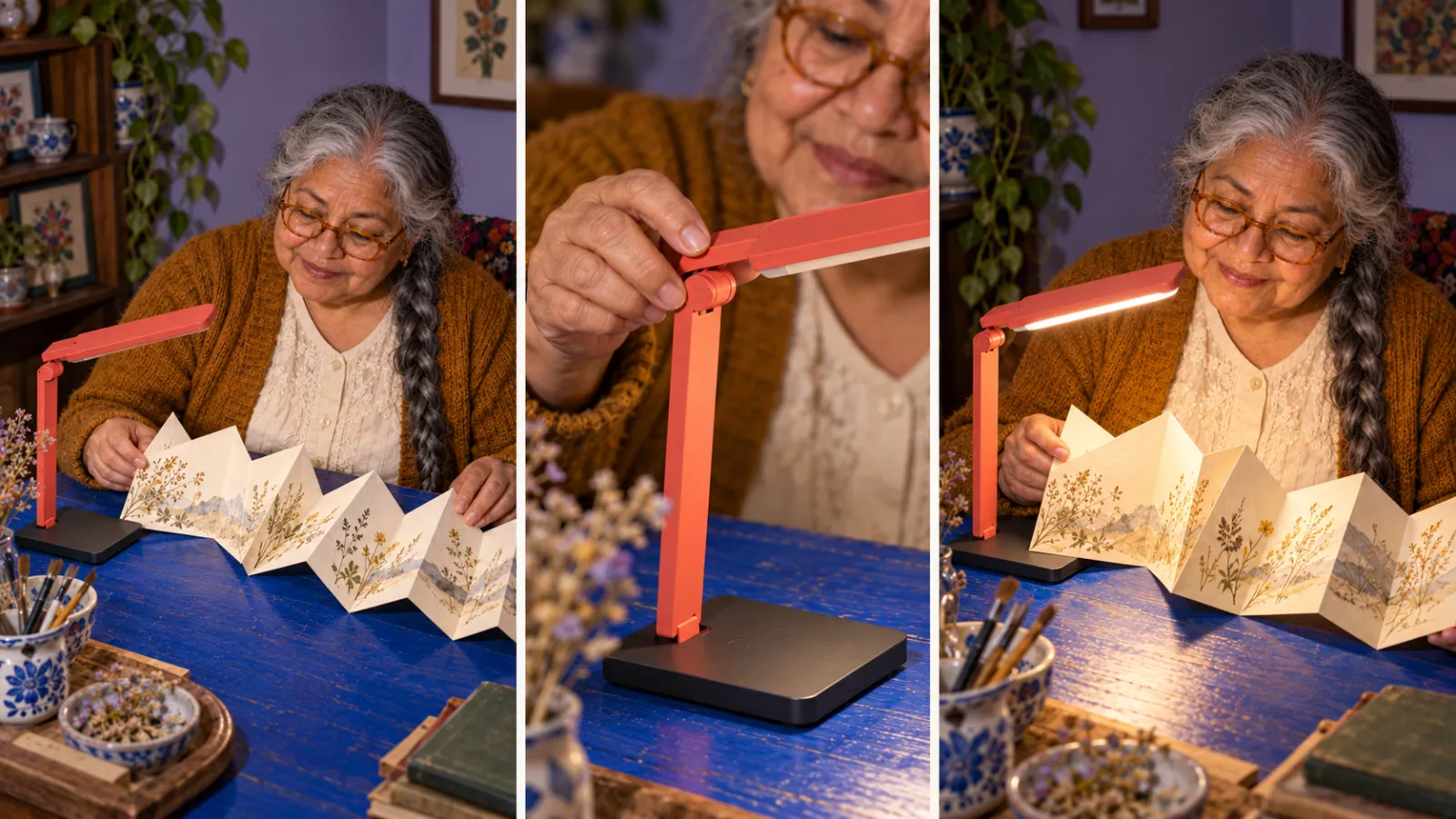 Three proposed shots of Celia studying the booklet, adjusting the lamp, and reading