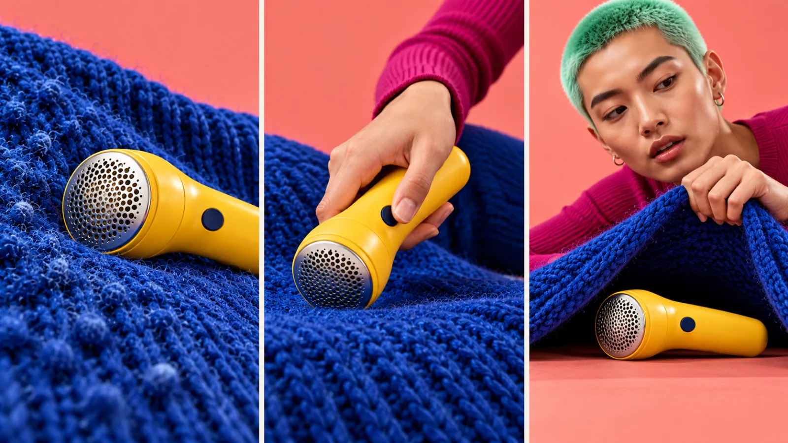 Problem, action, and reveal opening concepts using the same yellow device and blue knit